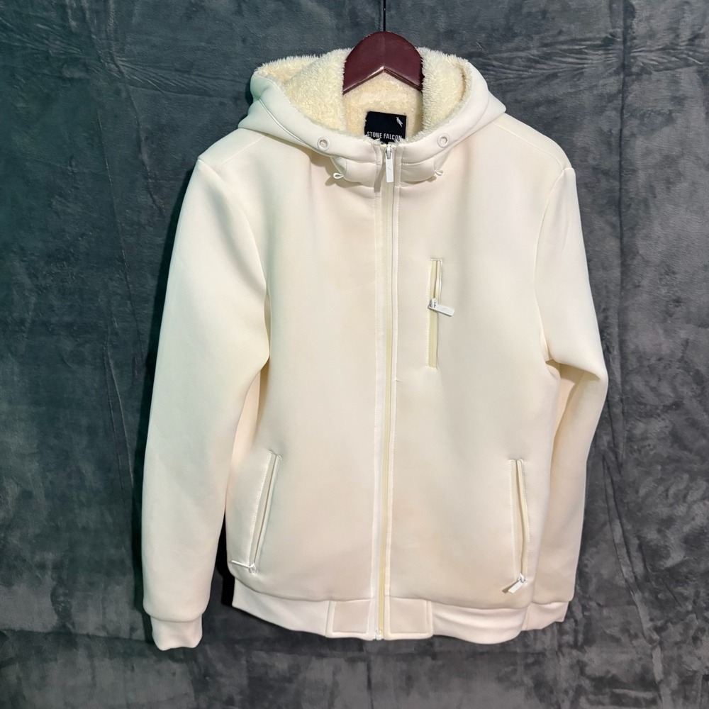 Stone Falcon hoodie Mens Medium White Full Zip Fleeced Fur Lined